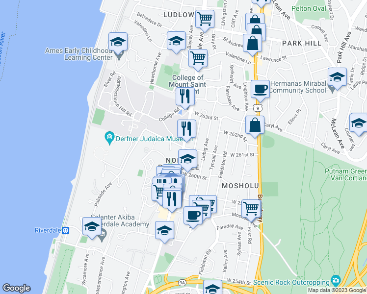 map of restaurants, bars, coffee shops, grocery stores, and more near College Of Mount Saint Vincent in Bronx