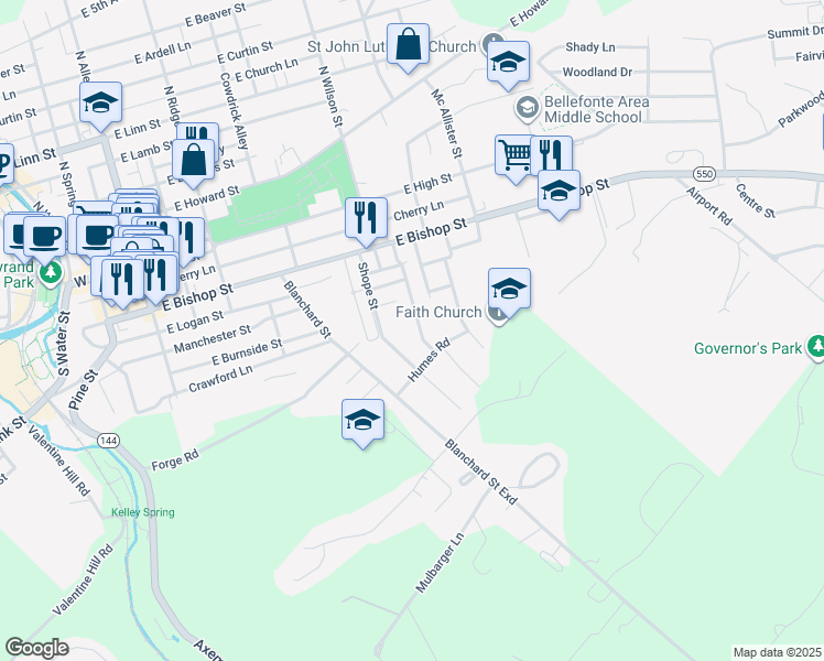 map of restaurants, bars, coffee shops, grocery stores, and more near 448 Shope Street in Bellefonte