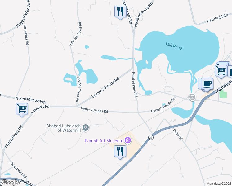 map of restaurants, bars, coffee shops, grocery stores, and more near 204 Head of Pond Road in Water Mill