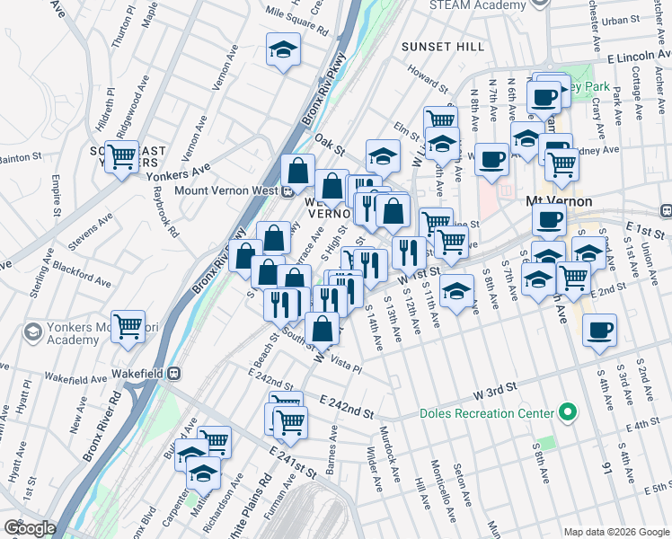 map of restaurants, bars, coffee shops, grocery stores, and more near 48 South Bleeker Street in Mount Vernon
