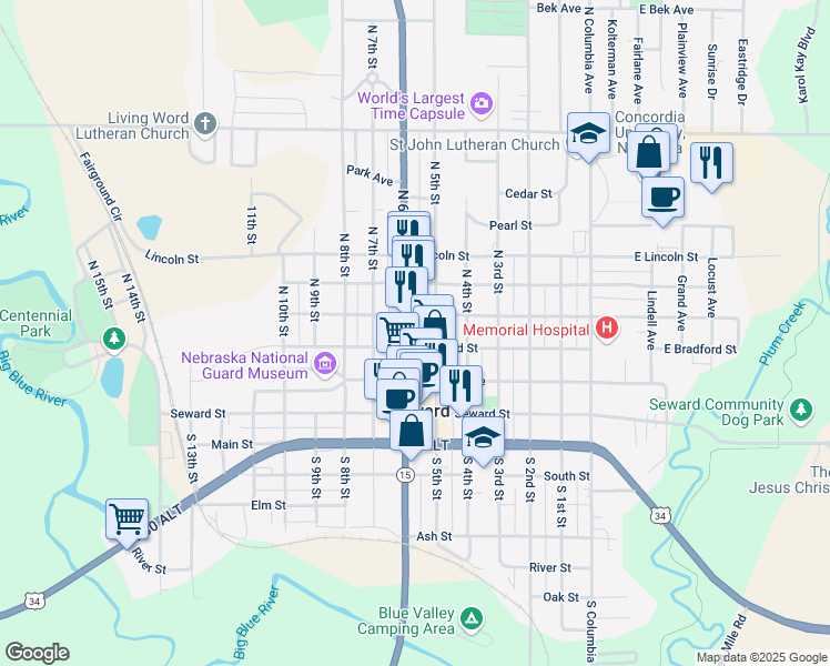 map of restaurants, bars, coffee shops, grocery stores, and more near 316 North 6th Street in Seward