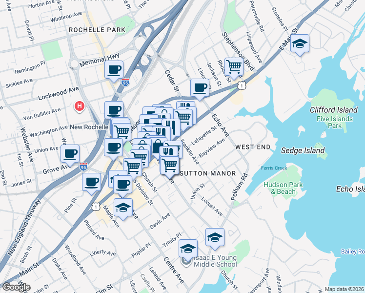 map of restaurants, bars, coffee shops, grocery stores, and more near 43 Franklin Avenue in New Rochelle