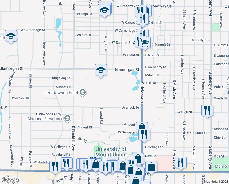 map of restaurants, bars, coffee shops, grocery stores, and more near 1025 South Union Avenue in Alliance
