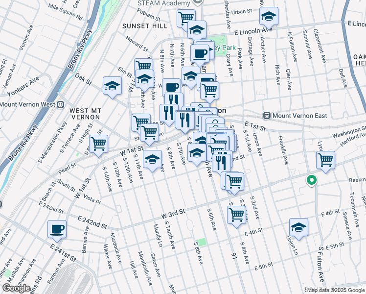 map of restaurants, bars, coffee shops, grocery stores, and more near 39 South 7th Avenue in Mount Vernon