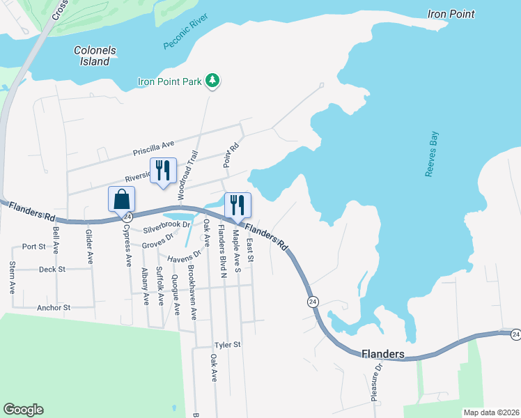map of restaurants, bars, coffee shops, grocery stores, and more near 904 Flanders Road in Flanders