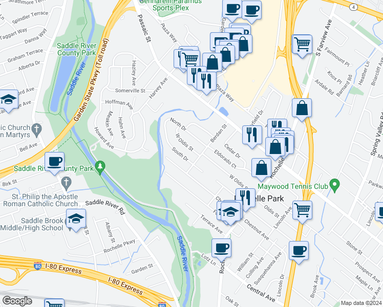 map of restaurants, bars, coffee shops, grocery stores, and more near in Rochelle Park