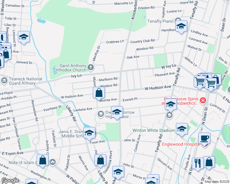 map of restaurants, bars, coffee shops, grocery stores, and more near 303 Murray Avenue in Englewood