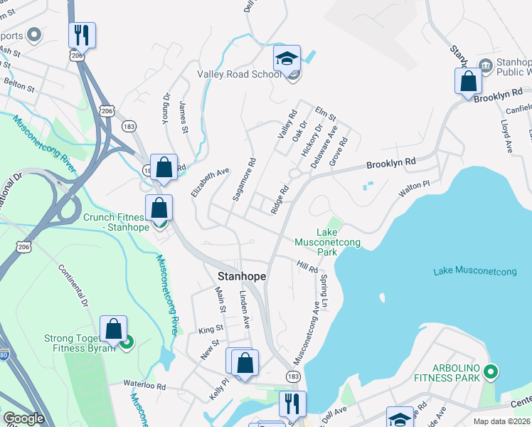 map of restaurants, bars, coffee shops, grocery stores, and more near 24 Maple Terrace in Stanhope