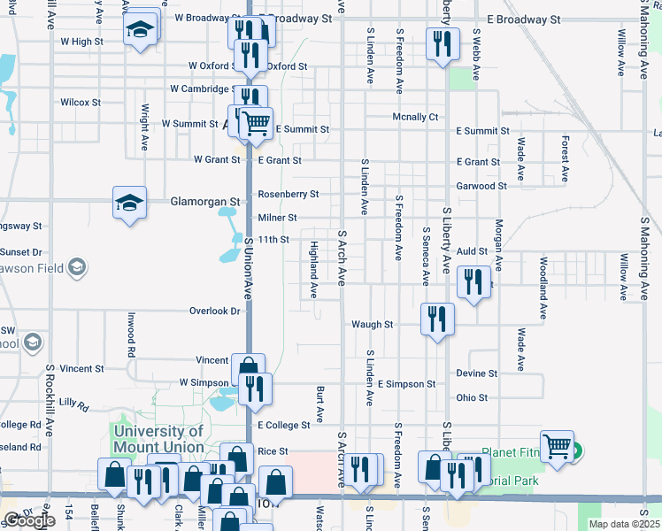 map of restaurants, bars, coffee shops, grocery stores, and more near 227 South Street in Alliance