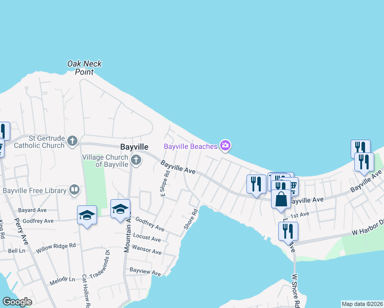 map of restaurants, bars, coffee shops, grocery stores, and more near 4 Sea Wall Lane in Bayville
