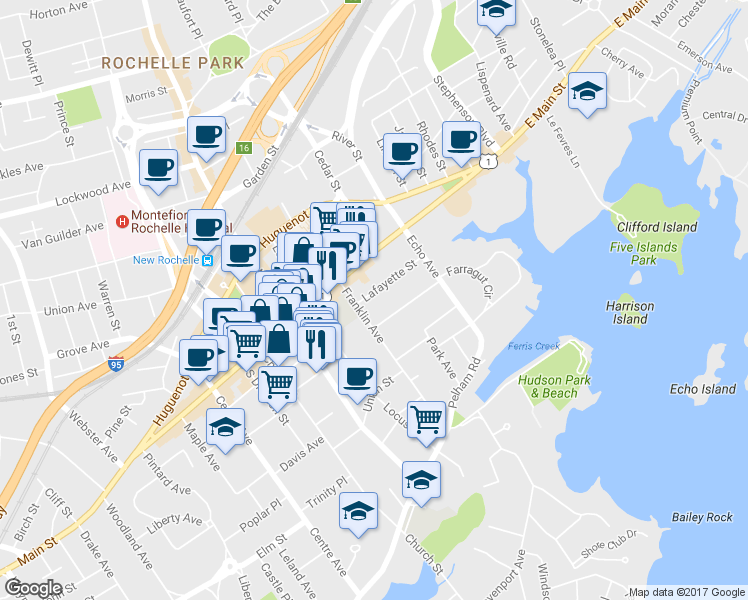 map of restaurants, bars, coffee shops, grocery stores, and more near 43 Franklin Avenue in New Rochelle