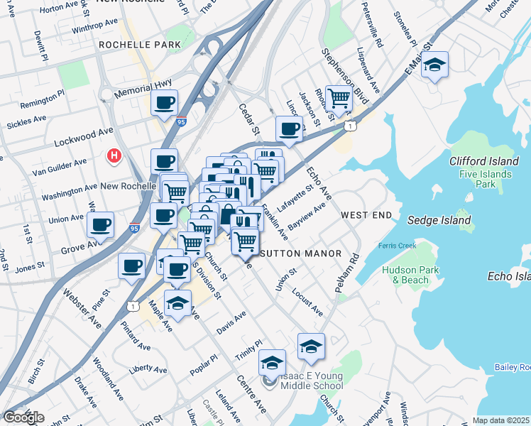 map of restaurants, bars, coffee shops, grocery stores, and more near 43 Franklin Avenue in New Rochelle