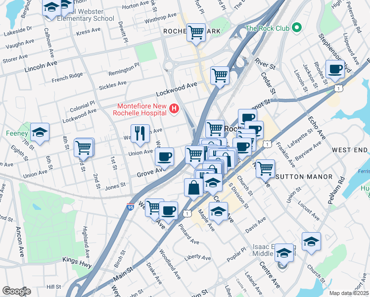 map of restaurants, bars, coffee shops, grocery stores, and more near 9 Odell Place in New Rochelle