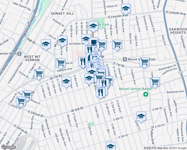 map of restaurants, bars, coffee shops, grocery stores, and more near 47 South 5th Avenue in Mount Vernon