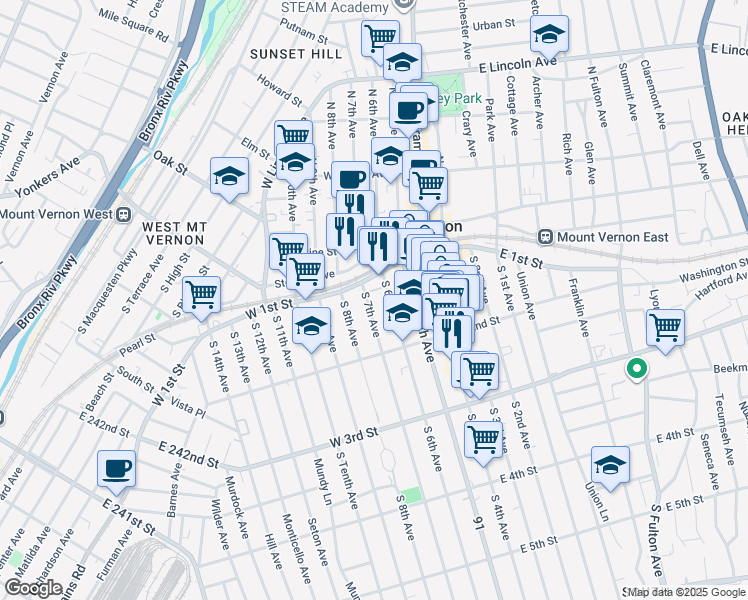map of restaurants, bars, coffee shops, grocery stores, and more near 39 South 7th Avenue in Mount Vernon