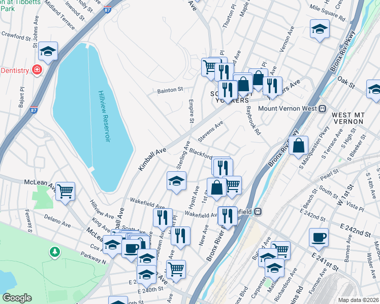 map of restaurants, bars, coffee shops, grocery stores, and more near 200 Sterling Avenue in Yonkers