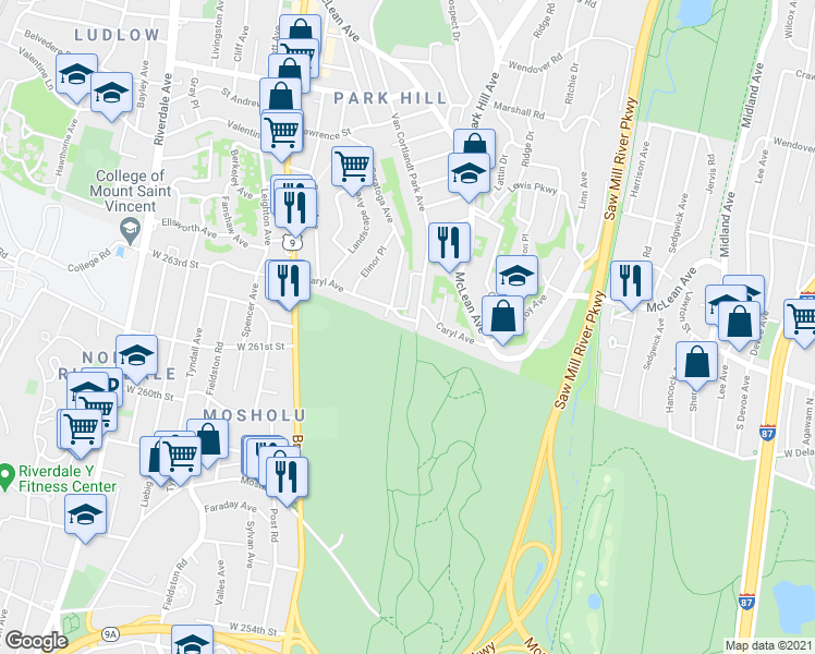 map of restaurants, bars, coffee shops, grocery stores, and more near 660 Van Cortlandt Park Avenue in Yonkers