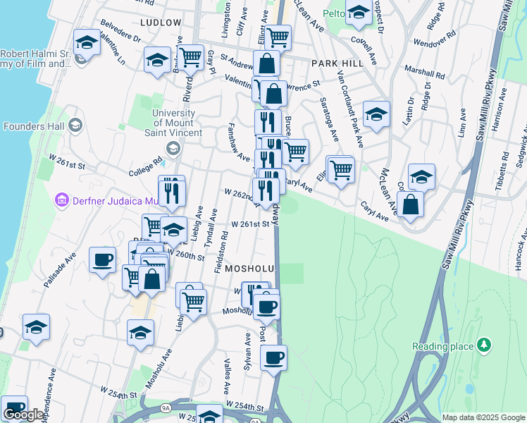 map of restaurants, bars, coffee shops, grocery stores, and more near 240 West 261st Street in Bronx