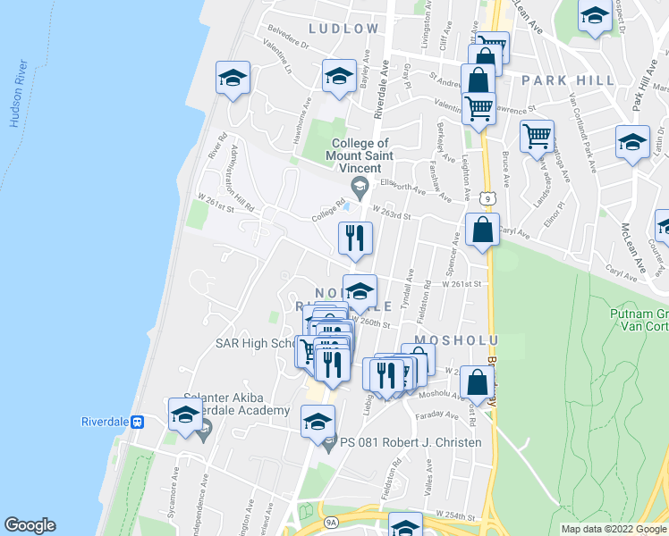map of restaurants, bars, coffee shops, grocery stores, and more near 6035 Riverdale Avenue in Bronx