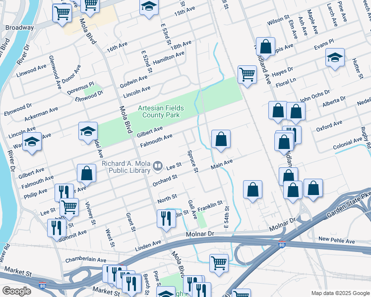 map of restaurants, bars, coffee shops, grocery stores, and more near 280 Miller Avenue in Elmwood Park