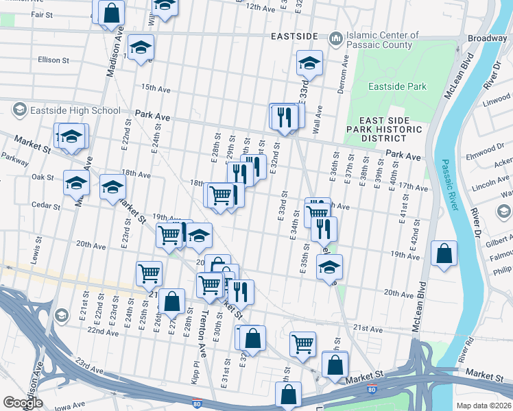 map of restaurants, bars, coffee shops, grocery stores, and more near 452 East 32nd Street in Paterson