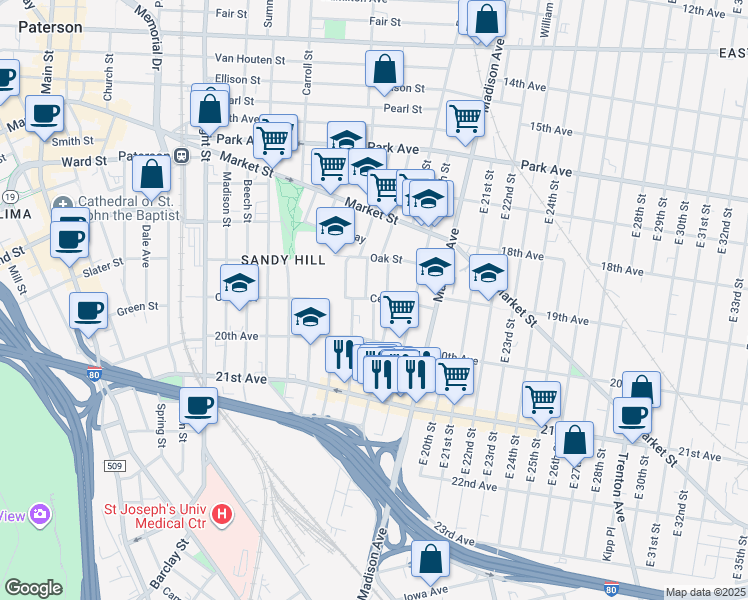 map of restaurants, bars, coffee shops, grocery stores, and more near 57 Lewis Street in Paterson