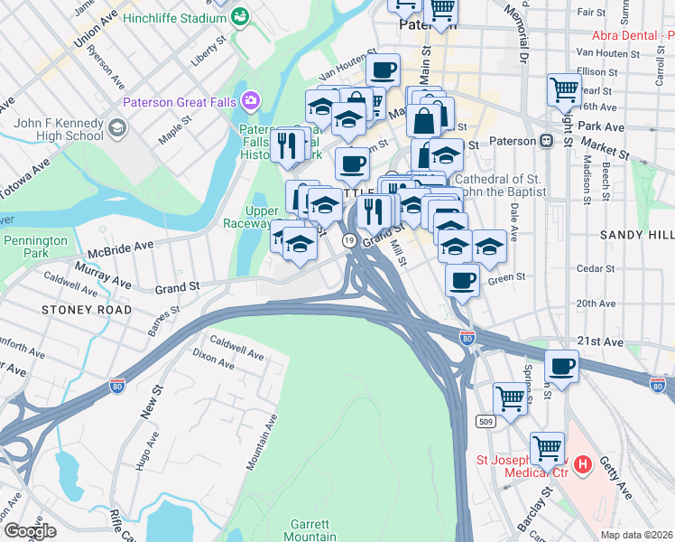 map of restaurants, bars, coffee shops, grocery stores, and more near 44 Morris Street in Paterson