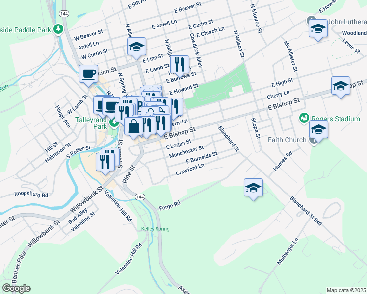 map of restaurants, bars, coffee shops, grocery stores, and more near 101-399 East Burnside Street in Bellefonte