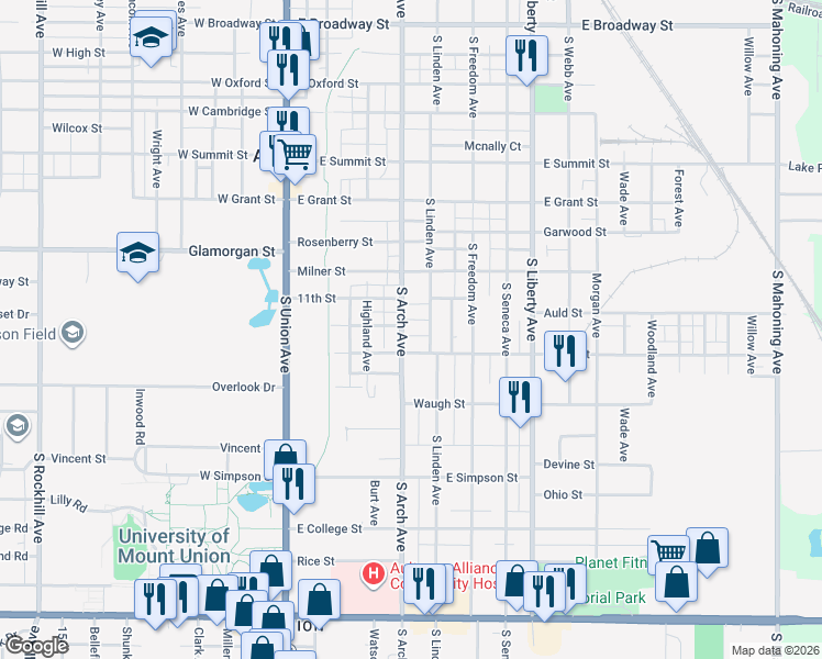 map of restaurants, bars, coffee shops, grocery stores, and more near 337 South Street in Alliance