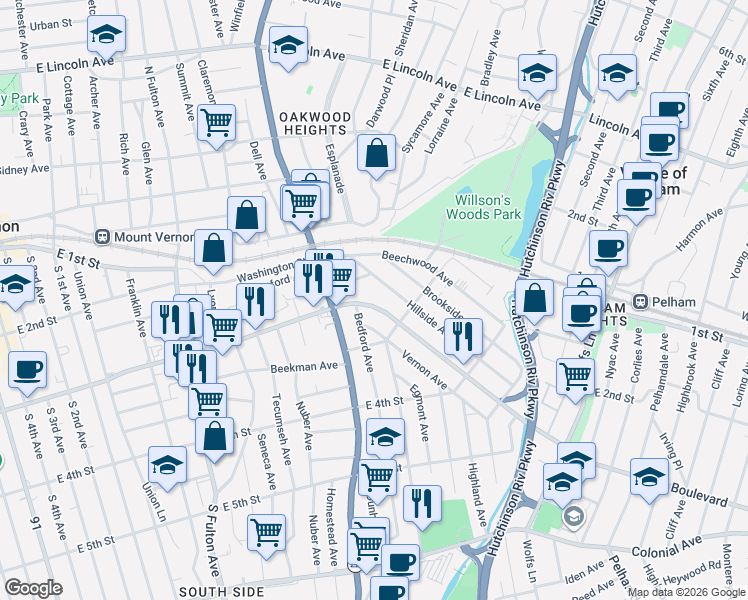 map of restaurants, bars, coffee shops, grocery stores, and more near 234 Bedford Avenue in Mount Vernon