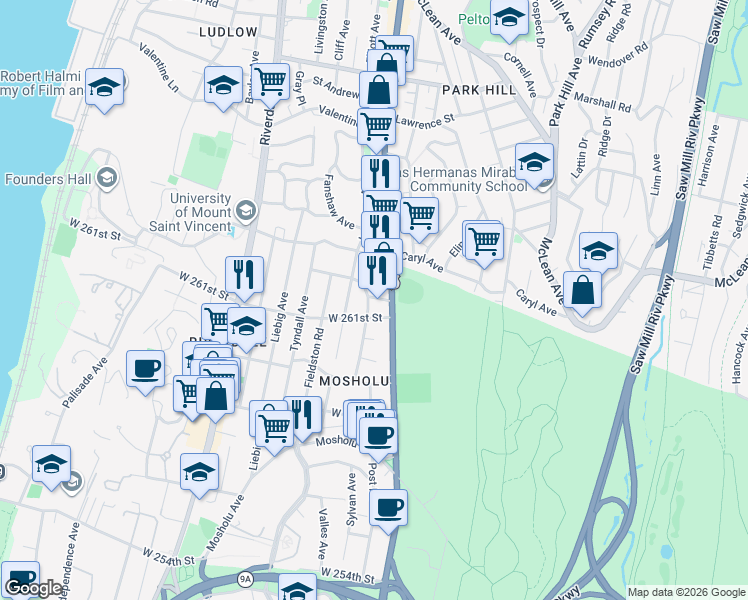 map of restaurants, bars, coffee shops, grocery stores, and more near 240 West 261st Street in Bronx
