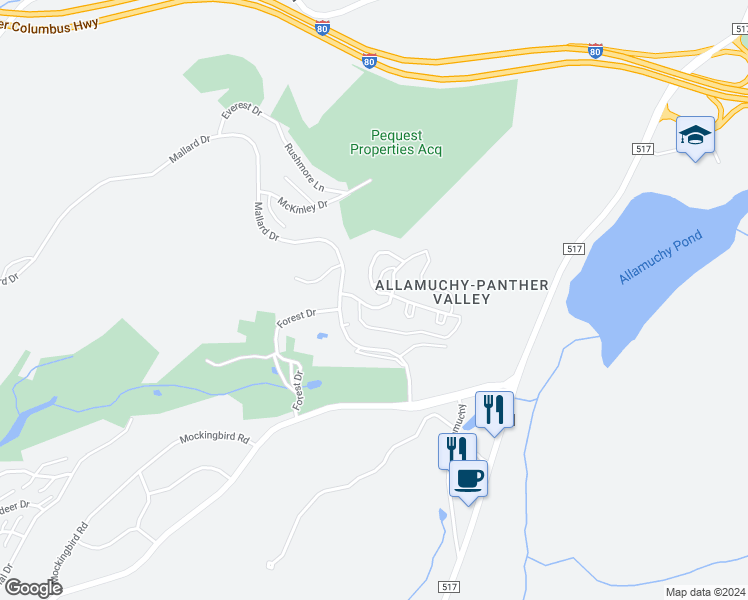 map of restaurants, bars, coffee shops, grocery stores, and more near 12 Yellow Billed Cuckoo in Hackettstown