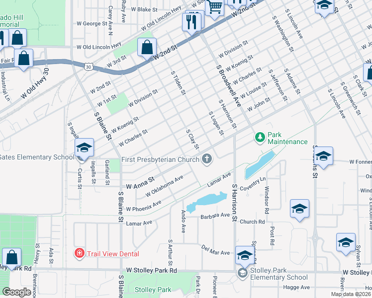 map of restaurants, bars, coffee shops, grocery stores, and more near 2100-2198 West Anna Street in Grand Island