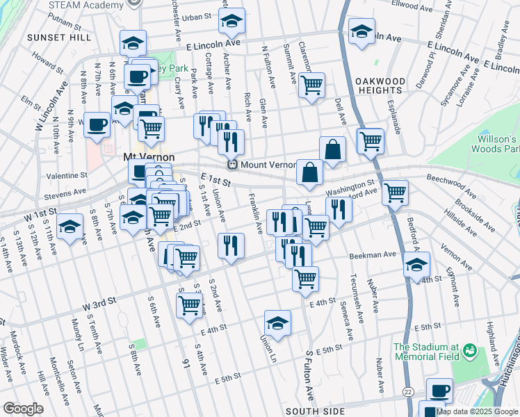 map of restaurants, bars, coffee shops, grocery stores, and more near 125 Franklin Avenue in Mount Vernon