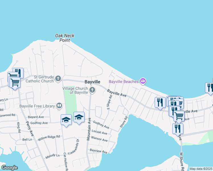 map of restaurants, bars, coffee shops, grocery stores, and more near 6 Cliff Drive in Bayville