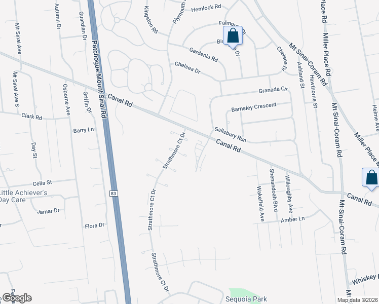 map of restaurants, bars, coffee shops, grocery stores, and more near 6 Lexington Court in Coram