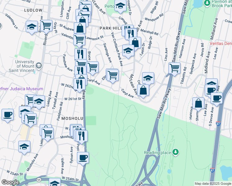 map of restaurants, bars, coffee shops, grocery stores, and more near 660 Van Cortlandt Park Avenue in Yonkers