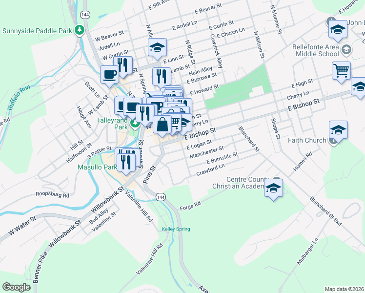 map of restaurants, bars, coffee shops, grocery stores, and more near 132-164 East Bishop Street in Bellefonte