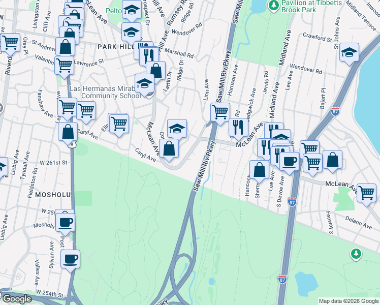 map of restaurants, bars, coffee shops, grocery stores, and more near 46 Leroy Avenue in Yonkers