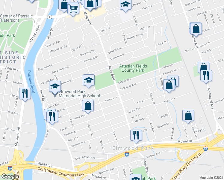 map of restaurants, bars, coffee shops, grocery stores, and more near 239 Mola Boulevard in Elmwood Park