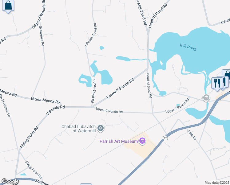 map of restaurants, bars, coffee shops, grocery stores, and more near 38 Lower 7 Ponds Road in Water Mill