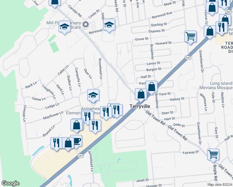 map of restaurants, bars, coffee shops, grocery stores, and more near 22 Old Town Road in Port Jefferson Station