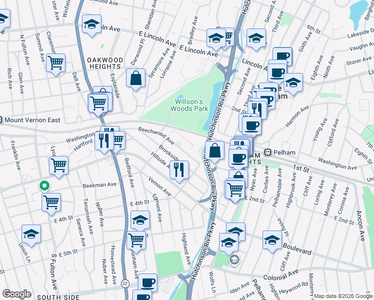 map of restaurants, bars, coffee shops, grocery stores, and more near 127 Pelhamdale Avenue in Mount Vernon
