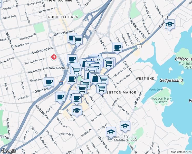 map of restaurants, bars, coffee shops, grocery stores, and more near 25 Lecount Place in New Rochelle