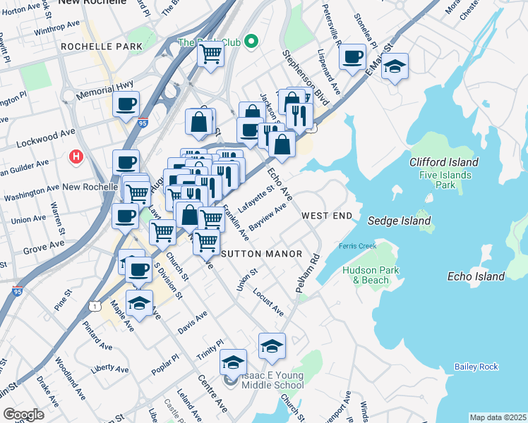 map of restaurants, bars, coffee shops, grocery stores, and more near 26 Lafayette Street in New Rochelle