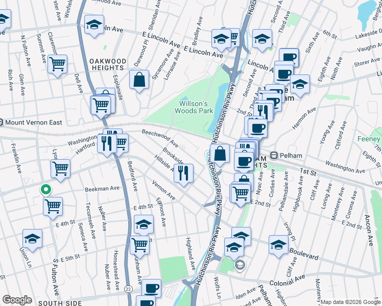 map of restaurants, bars, coffee shops, grocery stores, and more near 127 Pelhamdale Avenue in Mount Vernon