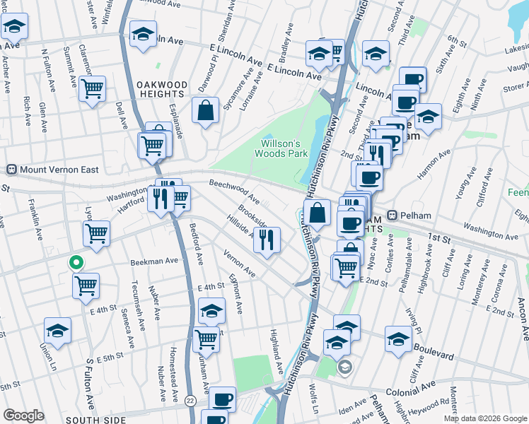 map of restaurants, bars, coffee shops, grocery stores, and more near 127 Pelhamdale Avenue in Mount Vernon