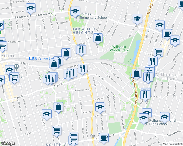 map of restaurants, bars, coffee shops, grocery stores, and more near 129 Haven Avenue in Mount Vernon