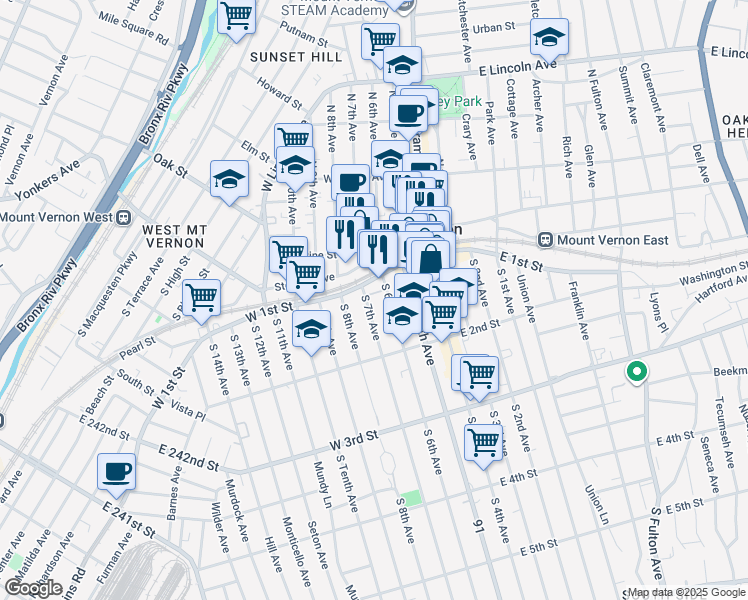 map of restaurants, bars, coffee shops, grocery stores, and more near 2 South 6th Avenue in Mount Vernon