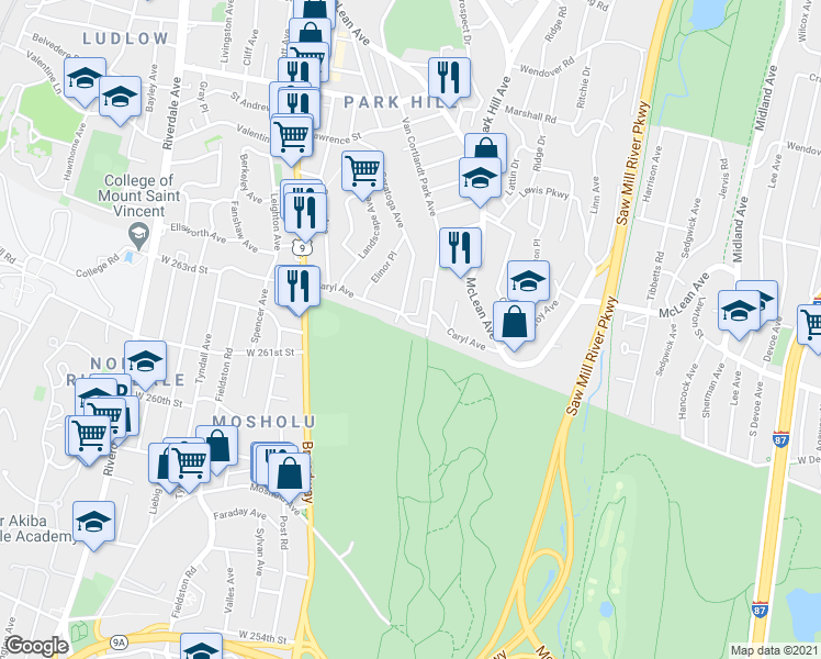 map of restaurants, bars, coffee shops, grocery stores, and more near in Yonkers
